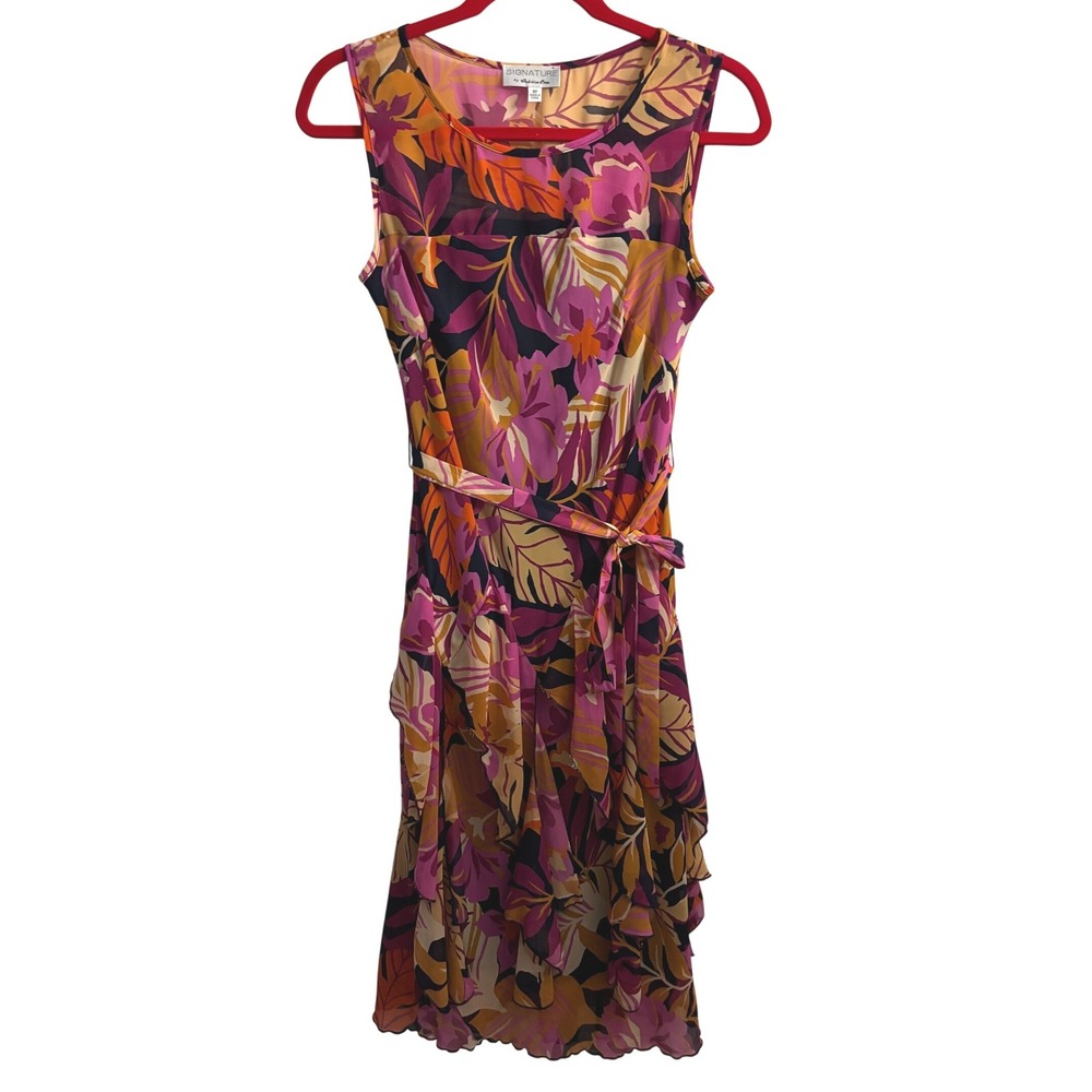 NEW Signature by Robbie Bee Pink Floral Garden Ruffle Dress Tropic Sleeveless 8P
